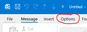 Shows where "Options" can be found in Outlook client